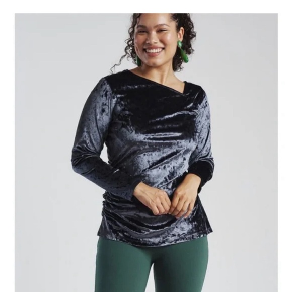 Betabrand Felicia Velvet Ruched Long Sleeve Top in Ink Blue - Size Large - Picture 1 of 5